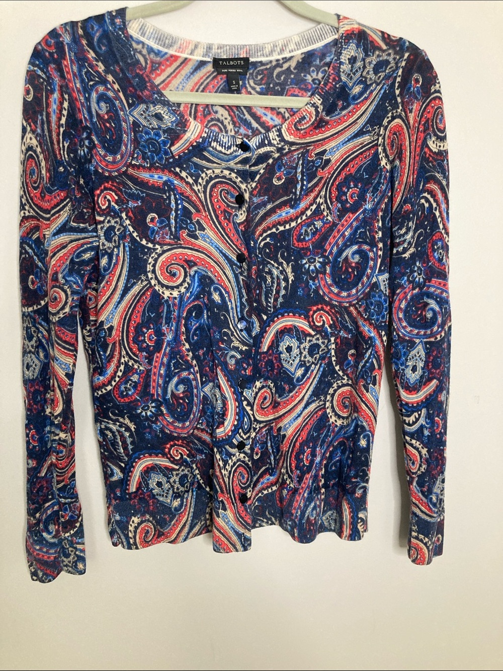 Talbots Navy Paisley Long Sleeve Tee with Red Blue Merino Wool